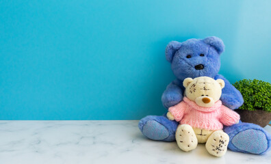 Two toy teddy bears. love concept. Teddy bear on a blue background.
