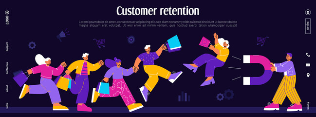 Customer retention, loyalty client attract banner. Vector landing page of business marketing strategy with flat illustration of man with magnet and people with shopping bags