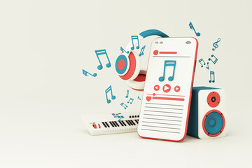 Electric piano keyboard surrounded by speakers, headphones, smart phone with song play list and music key note isolated on pastel background. 3d rendering