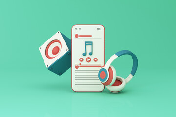 phone surrounded by speakers, headphones, smart phone with song play list and music key note isolated on pastel background. 3d rendering
