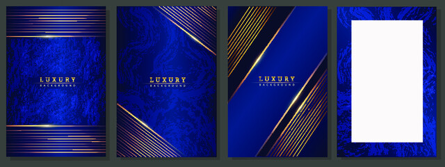 Blue luxury cover set. Modern design, geometric of gold lines and sparkles on gradient background. Elegant template with blank space, for business, elegant events, invitations.