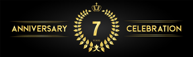7 years anniversary celebration logo with laurel wreath and royal crown isolated on black background. Premium design for happy birthday, wedding, celebration events, greetings card, graduation.