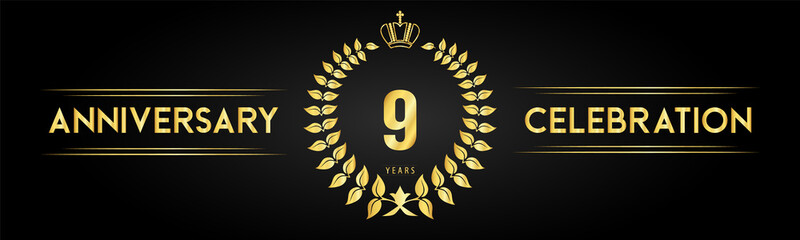 9 years anniversary celebration logo with laurel wreath and royal crown isolated on black background. Premium design for happy birthday, wedding, celebration events, greetings card, graduation.
