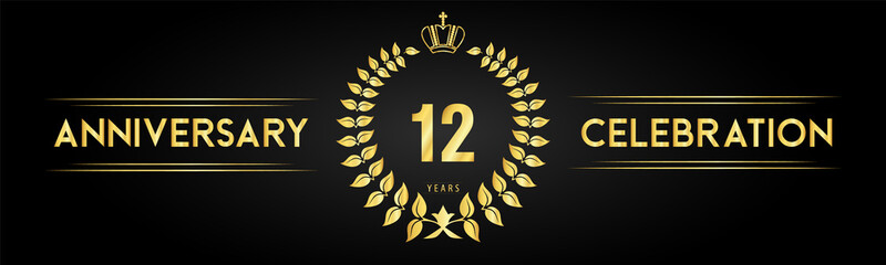 12 years anniversary celebration logo with laurel wreath and royal crown isolated on black background. Premium design for happy birthday, wedding, celebration events, greetings card, graduation.