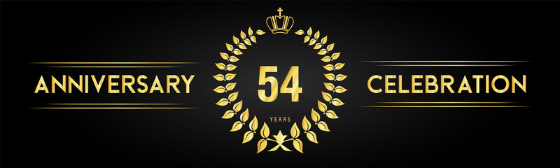 54 years anniversary celebration logo with laurel wreath and royal crown isolated on black background. Premium design for happy birthday, wedding, celebration events, greetings card, graduation.