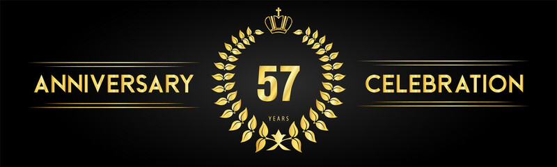 57 years anniversary celebration logo with laurel wreath and royal crown isolated on black background. Premium design for happy birthday, wedding, celebration events, greetings card, graduation.