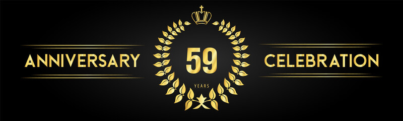 59 years anniversary celebration logo with laurel wreath and royal crown isolated on black background. Premium design for happy birthday, wedding, celebration events, greetings card, graduation.