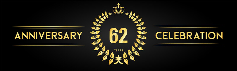 62 years anniversary celebration logo with laurel wreath and royal crown isolated on black background. Premium design for happy birthday, wedding, celebration events, greetings card, graduation.