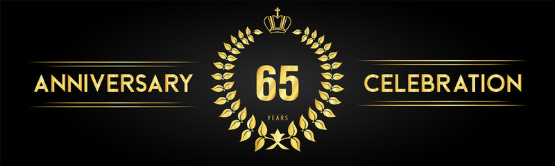 65 years anniversary celebration logo with laurel wreath and royal crown isolated on black background. Premium design for happy birthday, wedding, celebration events, greetings card, graduation.