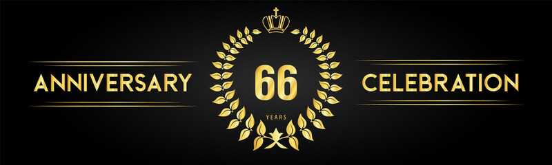 66 years anniversary celebration logo with laurel wreath and royal crown isolated on black background. Premium design for happy birthday, wedding, celebration events, greetings card, graduation.