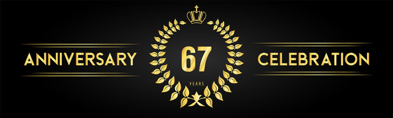 67 years anniversary celebration logo with laurel wreath and royal crown isolated on black background. Premium design for happy birthday, wedding, celebration events, greetings card, graduation.
