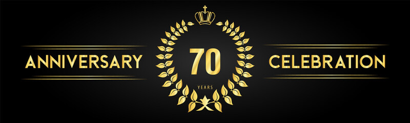 70 years anniversary celebration logo with laurel wreath and royal crown isolated on black background. Premium design for happy birthday, wedding, celebration events, greetings card, graduation.