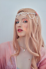 Beauty portrait of anime princess elf woman with pink hair in underwear. Fabulous magical look,...