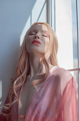 Beauty portrait of anime princess elf woman with pink hair in underwear. Fabulous magical look,...