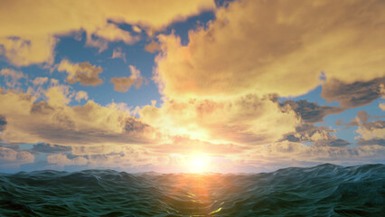 Fototapeta premium Sunset in sea, sun in waves of ocean. Fantastic sunset in summer on sea, sun melts in the waves. Clouds in rays of sun are reflected in the water. 3d render