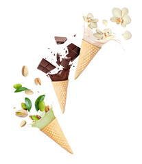 Three ice cream cones with different flavors isolated on a white background