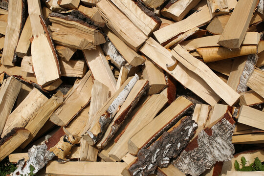 Winter preparation. Stacking Firewood. Pile of firewood loggs. Firewood background.