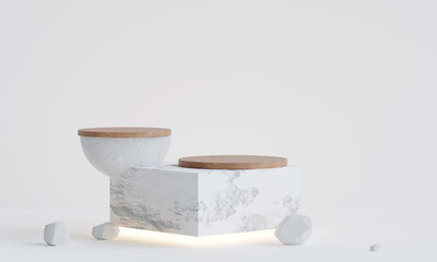 Square concrete podium with rounded wood for product presentation. Natural beauty pedestal, 3d illustration