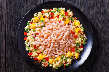 shrimps and millet pilaf with mango and veggies