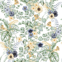 Watercolor seamless pattern with anemone flowers, eucalyptus and monstera leaves. Hand drawn illustration