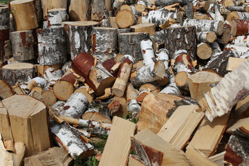 Winter preparation. Stacking Firewood. Pile of firewood loggs. Firewood background.