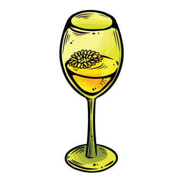 Dandelion wine cartoon glass icon. Outline comic style image with liquid drink and dandelion flower. Hand drawn isolated lineart illustration for prints, designs, cards. Web, mobile