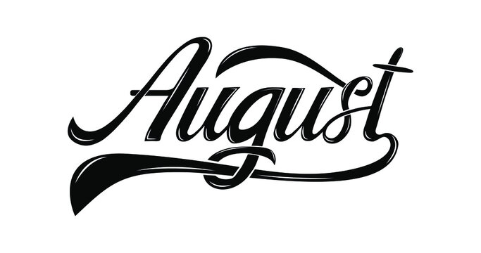 Vector illustration with August text in black color on the white background.
This Hand lettering template is suitable for calendars, diaries, posters, or photo overlays. August Summer month