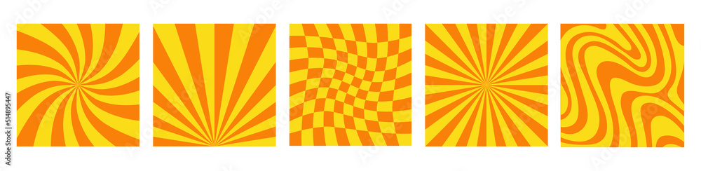 Poster set of monochrome square backgrounds in style retro 70s, 80s. groovy hippie abstract psychedelic des