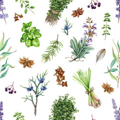 Garden fresh herbs seamless pattern. Watercolor illustration. Hand drawn sage, lavender, thyme, oregano, eucalyptus aromatic plants. Fresh garden herbs seamless pattern