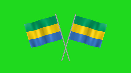 Waving two crossed flag of gabonese republic animation with steel pole