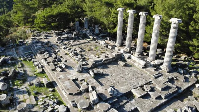 Aerial drone view of Temple of Athena Polias in the Ancient Priene, Aydin Province, Turkey