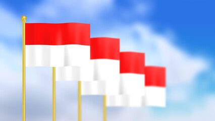 Four national flag of Indonesia waving in wind focused on first flag and blue sky motion animation