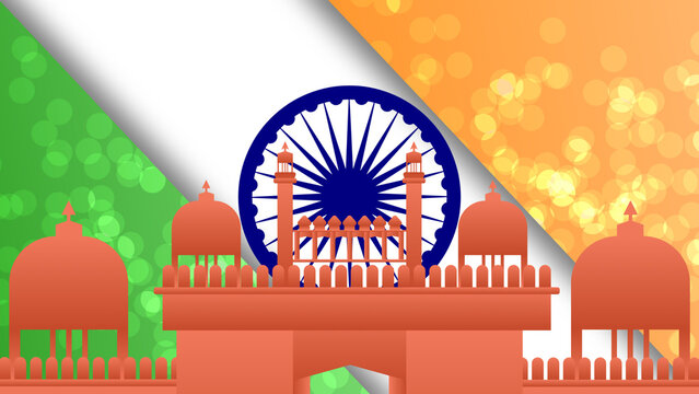 Ashok chakra, indian flag colour and red fort concept background animation.