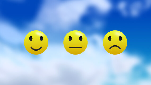 three feedback and review emoji on blue sky animation image.