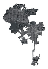 Los Angeles vector map. Detailed black map of Los Angeles city poster with streets. Cityscape urban vector.
