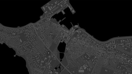 Dark black Reykjavik City area vector background map, streets and water cartography illustration. - obrazy, fototapety, plakaty