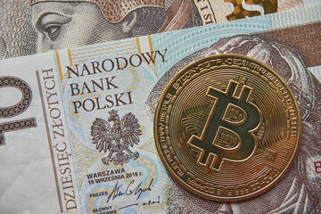 moneta bitcoin i polskie banknoty  - obrazy, fototapety, plakaty
