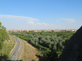 landscape with train road and city in the background surrounded by forest