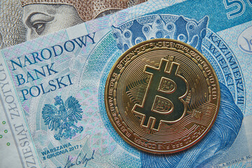 moneta bitcoin i polskie banknoty  - obrazy, fototapety, plakaty