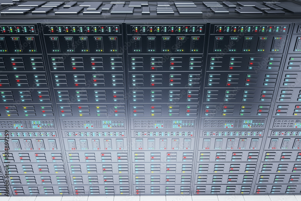 Aufkleber Abstract server room interior backdrop with racks. Cloud computing and telecommunication concept. 3D Rendering.