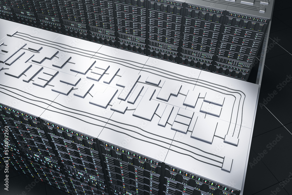 Poster Modern server room interior backdrop with racks. Cloud computing and telecommunication concept. 3D Rendering.