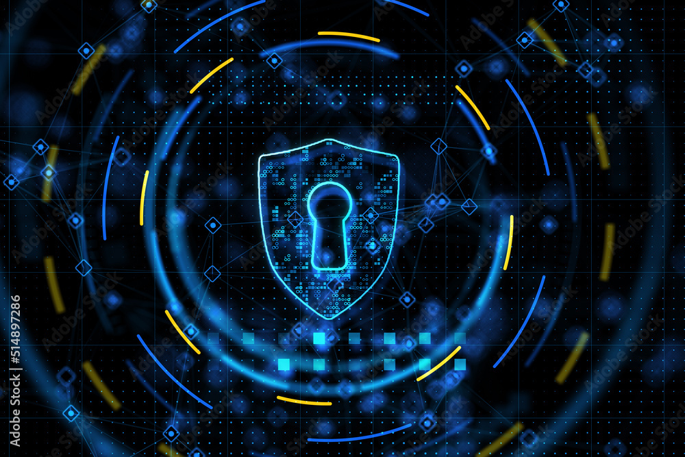 Aufkleber data safety and cyber security concept with digital graphic glowing blue shield symbol with keyhole 