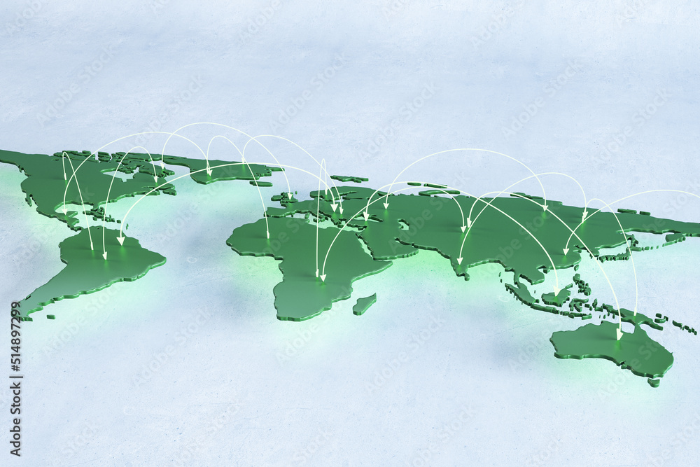 Poster creative green world map with arrows on light background. geography and education concept. 3d render