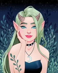 Foto op Aluminium Portrait of a fairy with horns. Vector fantasy illustration.  © ddraw