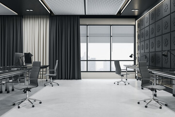 Modern dark concrete coworking office room interior with window, city view, curtains and furniture. 3D Rendering.