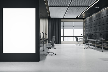 Modern dark concrete coworking office room interior with empty white mock up banner on wall, window, city view, curtains and furniture. 3D Rendering.