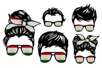Family clip art set in colors of national flag on white background. Tajikistan