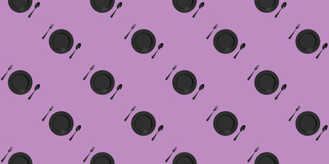 pattern. kitchen utensils on a pastel fiolet purpur background. fork, spoon, plate. Template for surface application. Flat lay. Banner for insertion into site. 3D image. 3D rendering.