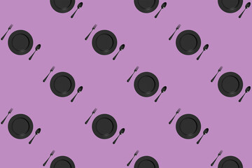 pattern. kitchen utensils on a pastel fiolet purpur background. fork, spoon, plate. Template for surface application. Flat lay. Horizontal image. 3D image. 3D rendering.