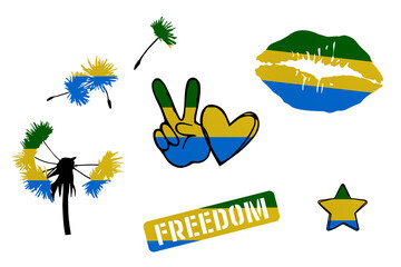 Clip art set in colors of national flag on white background. Gabon